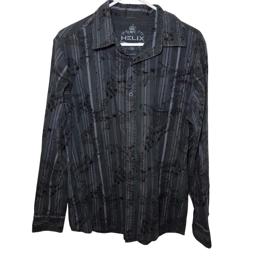 Helix Men's Large Black Velvet Flocked Stripe Paisley Button-Up Shirt Gothic Y2K